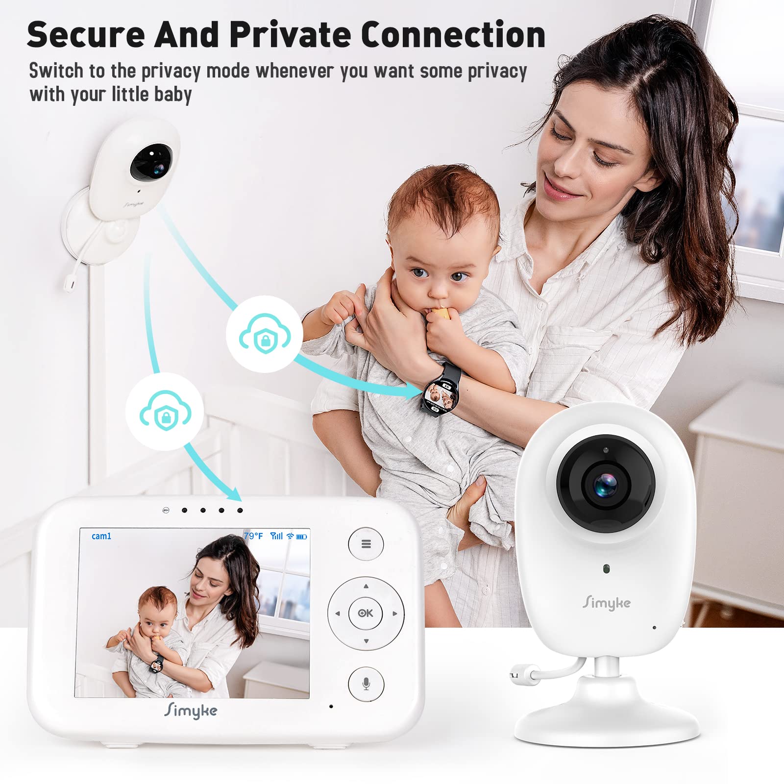1080P Video Baby Monitor with App & Smart Screen - Cry Detection, Night Vision, 2-Way Talk, Lullabies, Face Recognition, Temperature Sensor, Wall Mountable | Works with Smart Watch | Perfect Nursery Gift for New Parents & Baby Safety