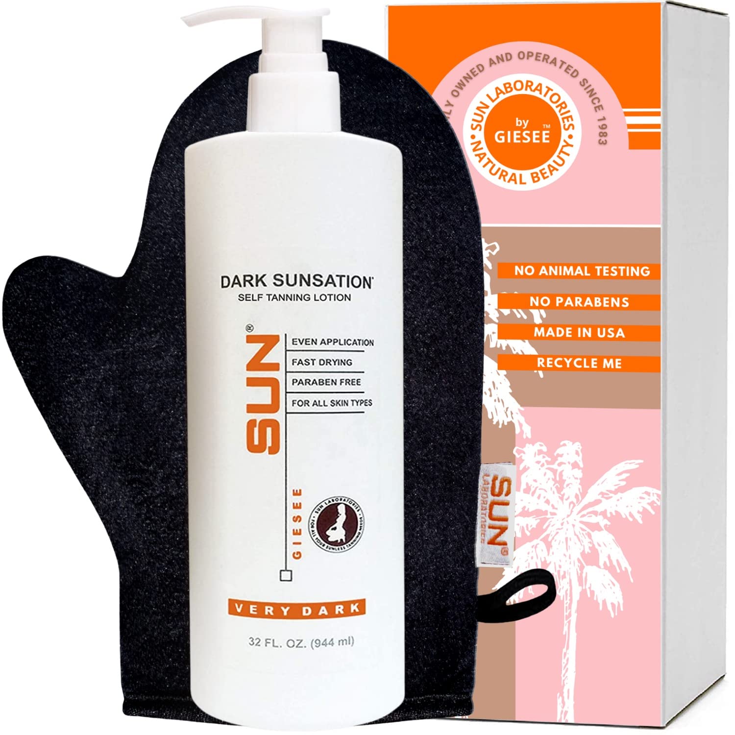 Sun Laboratories Dark Sunsation Self Tanner Lotion with Mitt – Organic Instant Sunless Tanning Lotion for Deep Natural Glow | At-Home Tanning, Pre-Vacation Prep, Year-Round Bronze Look