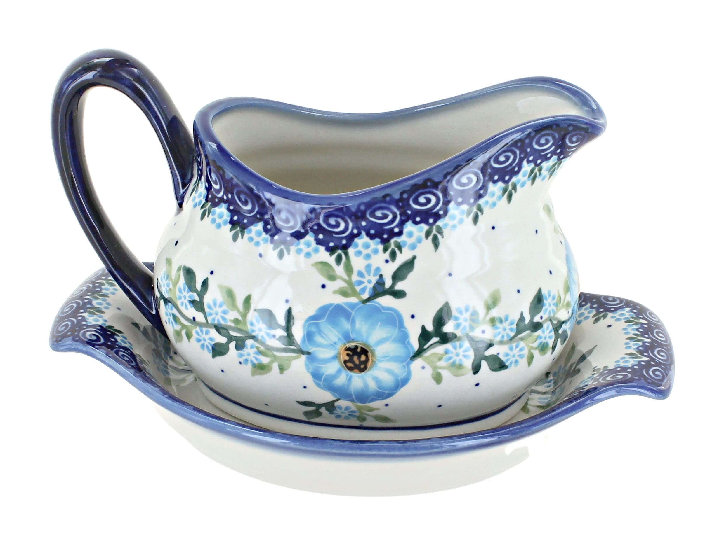 Handmade Blue Rose Polish Pottery Daphne Gravy Boat with Serving Tray - Elegant Dinnerware for Holiday Meals & Special Occasions