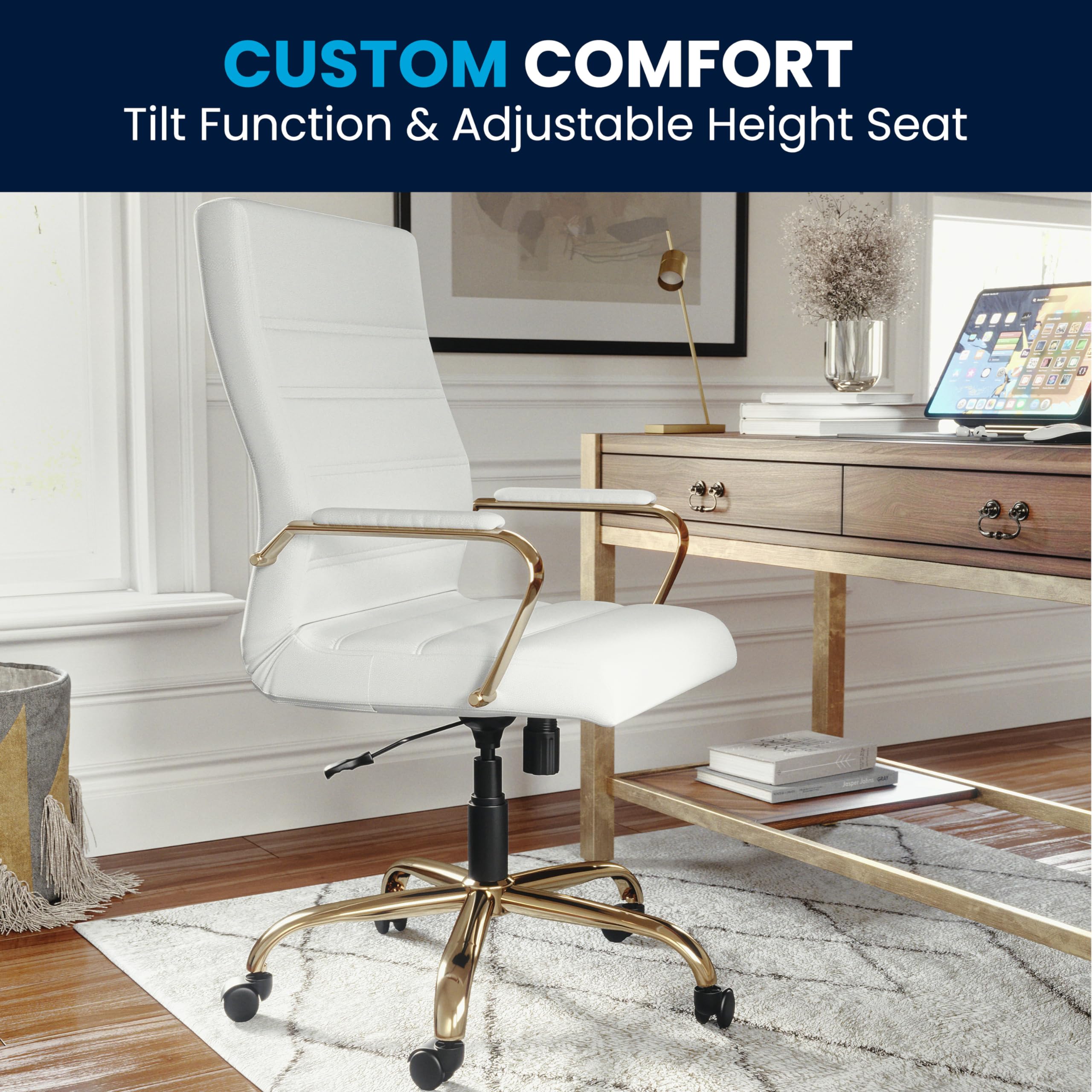 Premium White LeatherSoft High Back Executive Office Chair with Gold Frame - Ergonomic Swivel Desk Chair with Adjustable Arms - Perfect for Home Office, Conference Rooms & Executive Suites