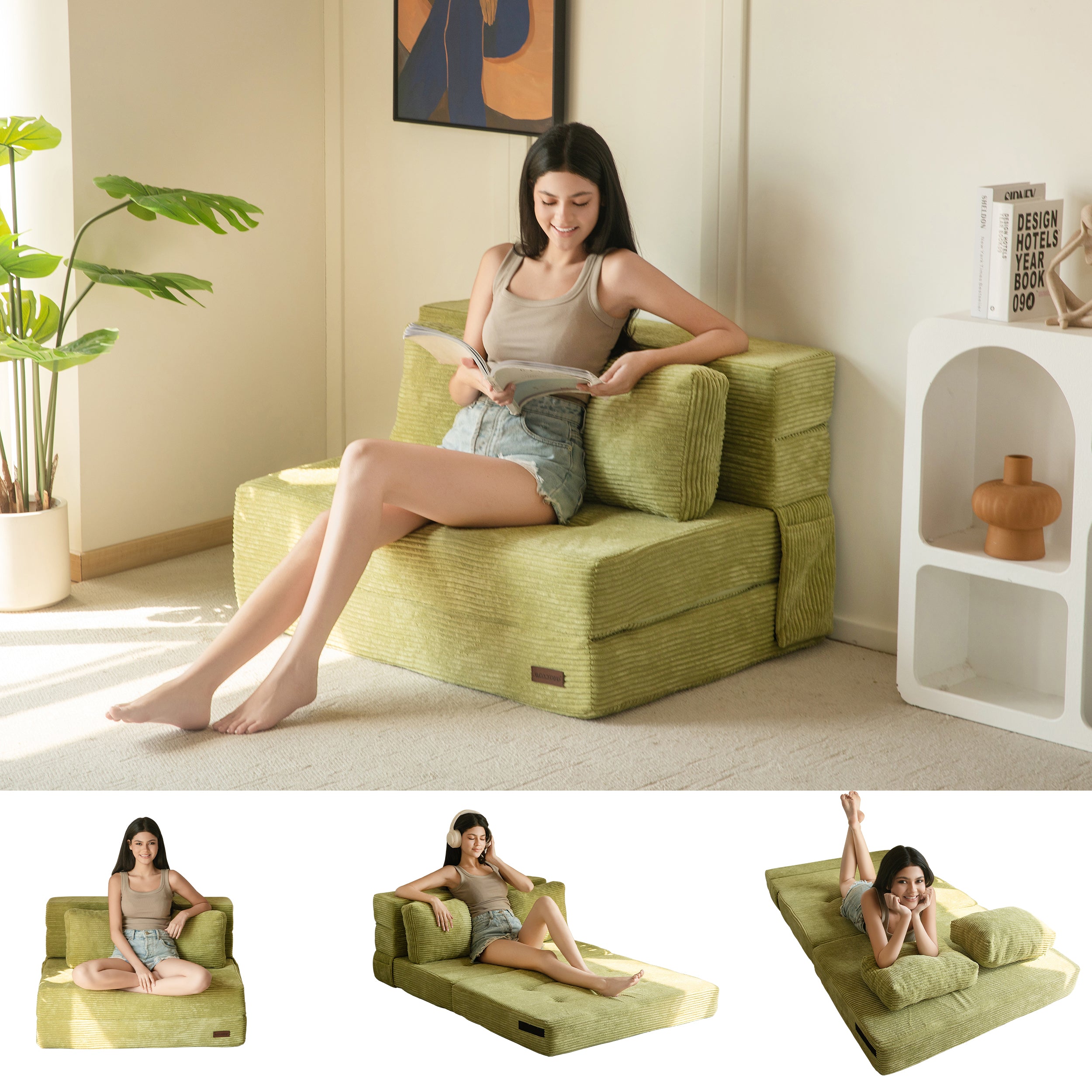 MAXYOYO 3-in-1 Convertible Sofa Bed - Foldable Single Sleeper Couch with Pillow, Foam Floor Lounger & Lazy Chair for Living Room, Bedroom & Guest Room (Green) | Perfect for Small Spaces, Overnight Guests & Cozy Relaxation