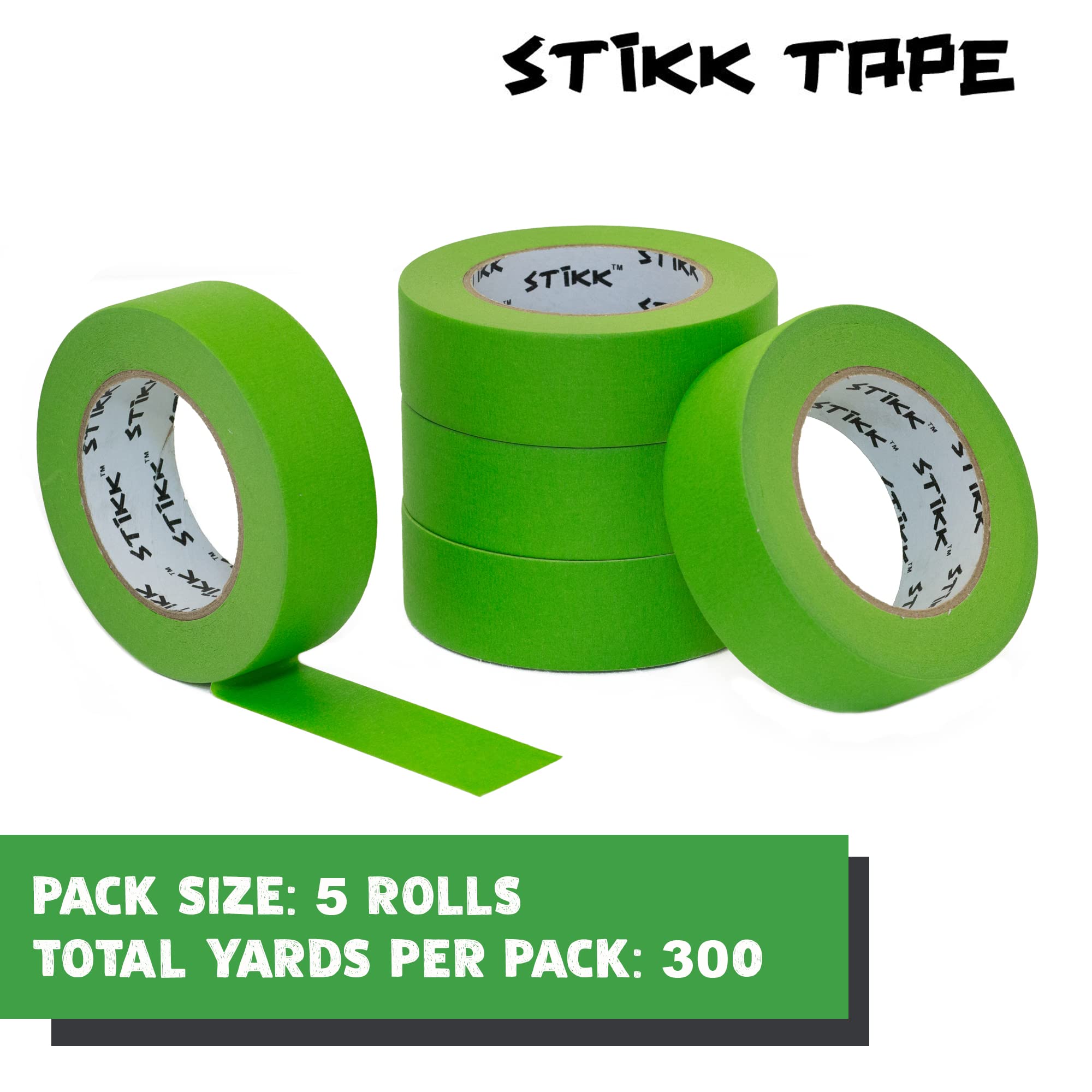 STIKK Green Painter's Tape 1.5 inch x 60 Yards - 5 Pack Residue-Free Masking Tape for Painting Walls, Edges, Trim and Ceilings - Perfect for DIY Home Projects, Arts & Crafts, Wall Murals and Professional Painting Jobs