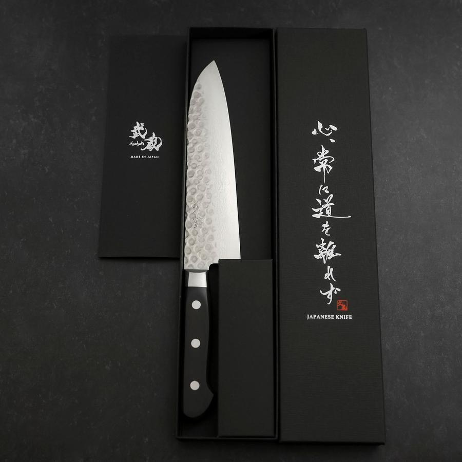 Premium Santoku Knife 180mm - VG-10 Japanese Steel, Tsuchime Damascus Blade with Western Black Handle - Perfect for Slicing, Dicing & Chopping Vegetables, Meat & Fish