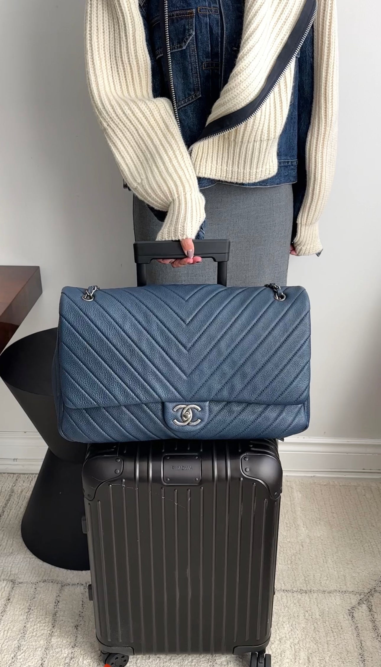 Chanel Navy Blue Chevron Quilted XXL Travel Flap Bag - Luxury Designer Handbag for Women, Spacious Tote for Travel & Everyday Use