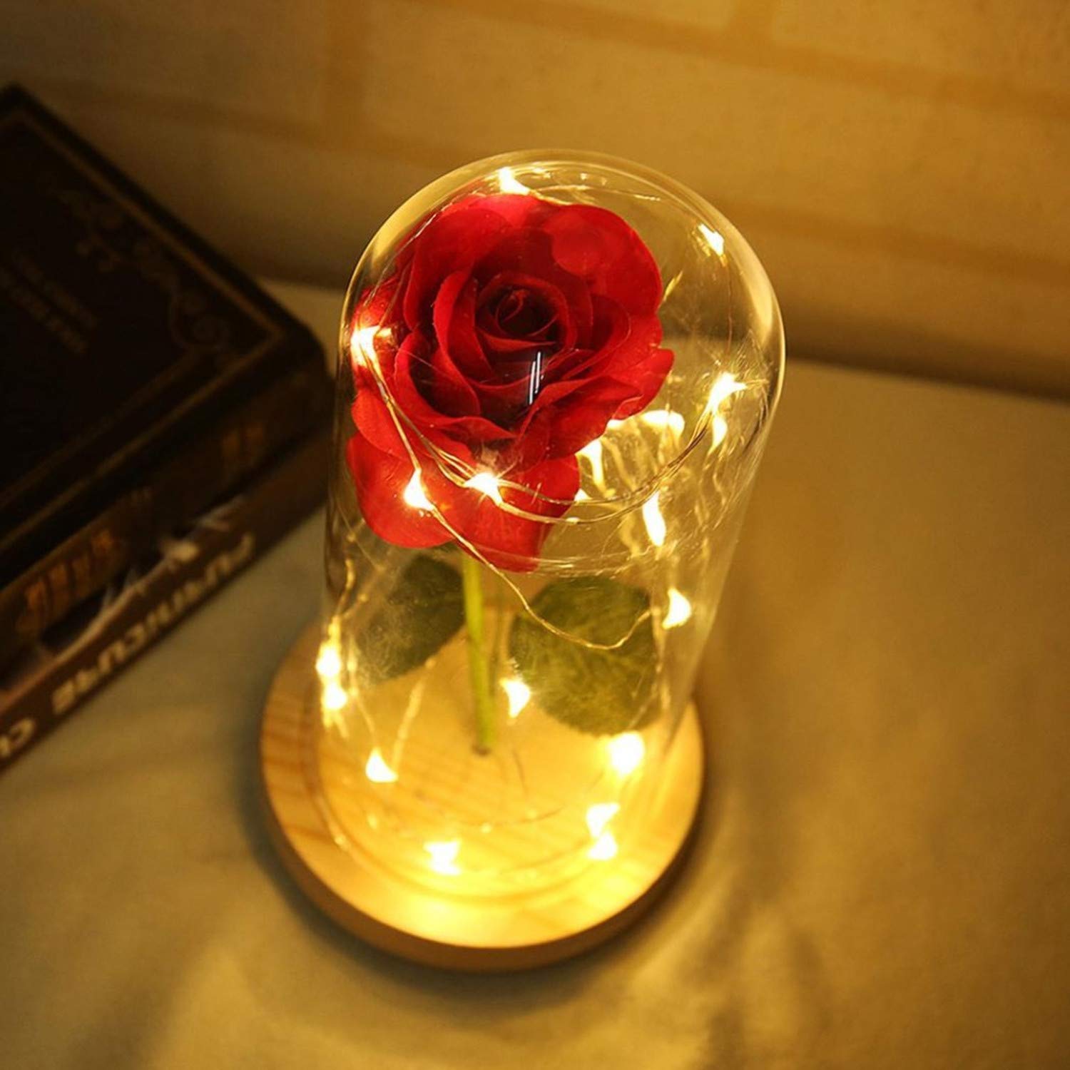 Enchanted Beauty and The Beast Rose - Silk Flower in Glass Dome with LED String Lights, Battery Powered Red Rose for Valentine's Day, Birthday & Romantic Gifts | Perfect for Home Decor, Wedding Centerpieces & Disney-Themed Parties