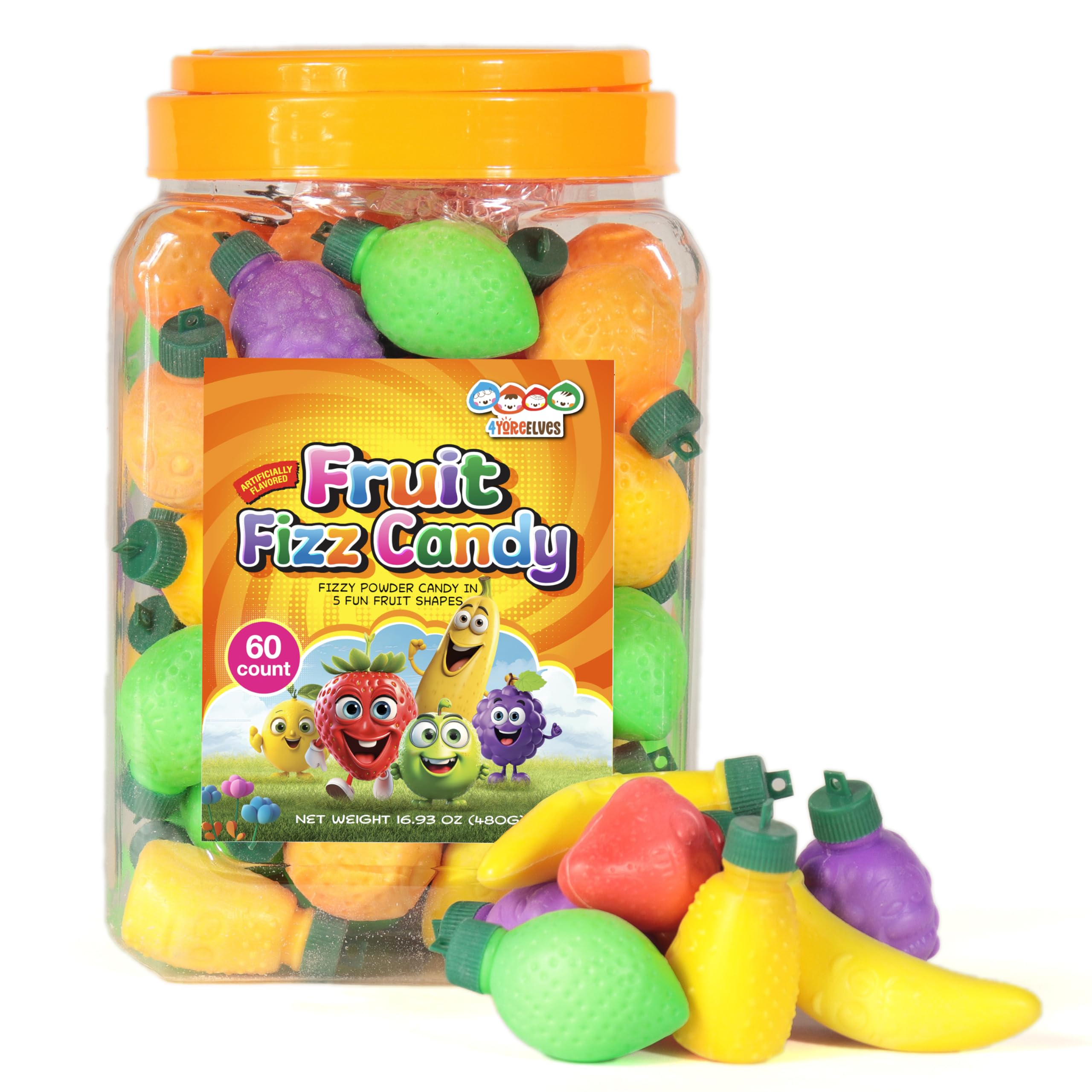 60 Pcs Fruit Shaped Fizzy Candy Powder - Retro 90s Sour Sweets with Hanging Hole Caps for DIY Decorations, Gluten Free & Nut Free Party Favors by 4YoreElves - Perfect for Birthday Parties, Classroom Rewards & Nostalgic Gift Giving