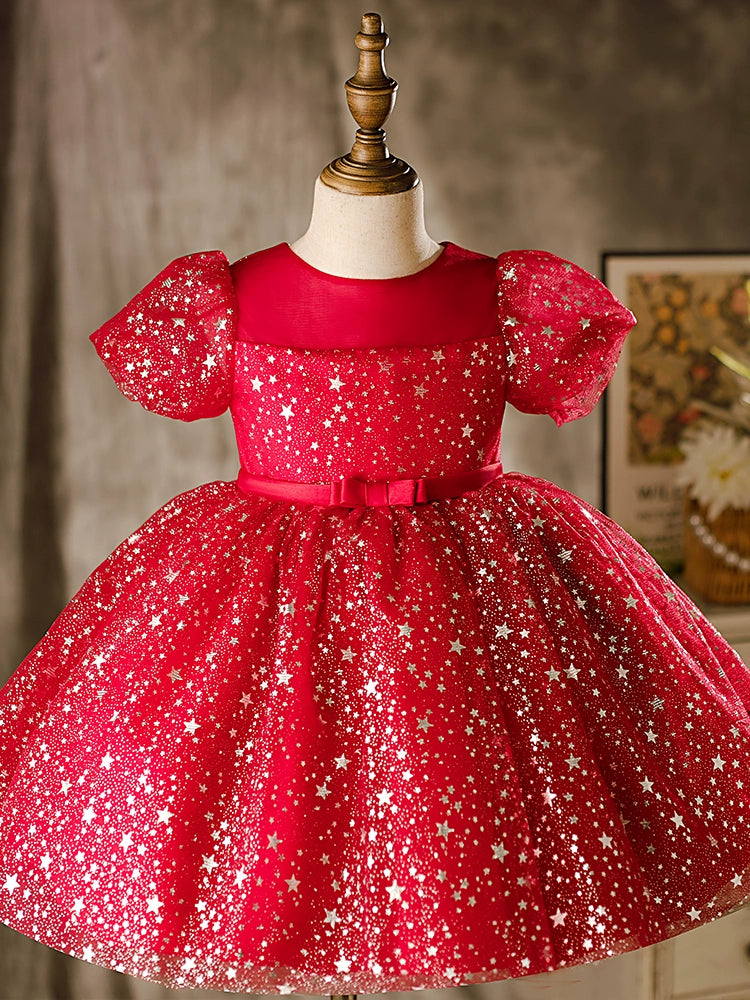 Burgundy Princess Round Tea Length Organza Flower Girl Dress for Weddings & Special Occasions