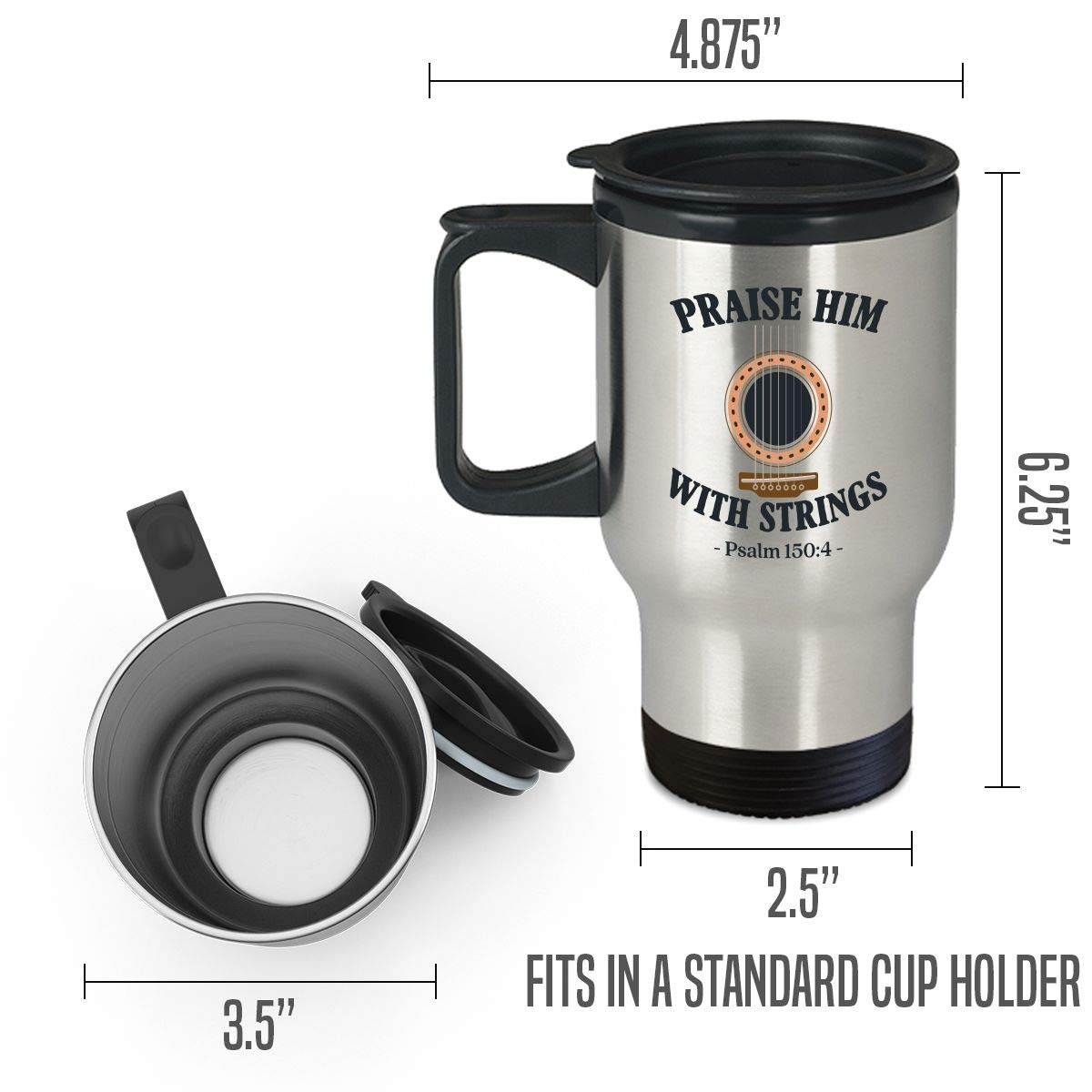 Christian Guitar Lover Travel Mug - 14oz Insulated Coffee & Tea Cup with Lid - Perfect for Worship Music Practice, Church, Bible Study & Outdoor Activities