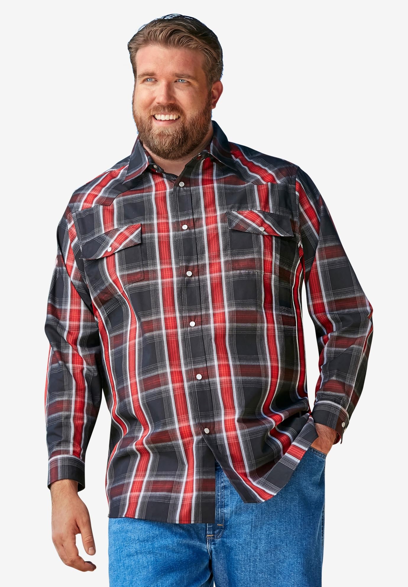 Kingsize Men's Big & Tall Western Snap Front Shirt - Comfortable Plaid Button Up for Cowboy Style | Perfect for Rodeo, Ranch Work & Casual Wear