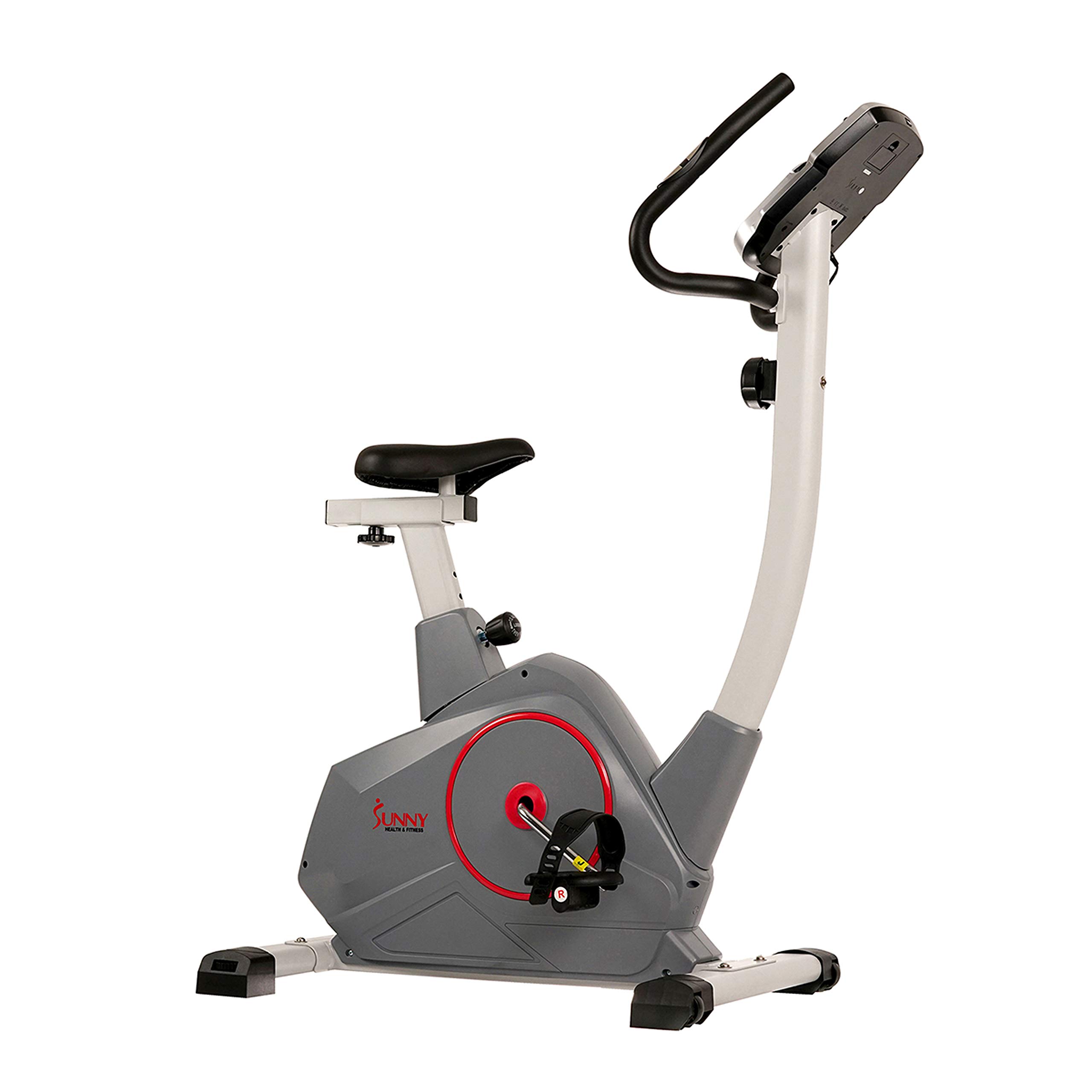 Sunny Health & Fitness Stationary Exercise Bike with Pulse Sensor, 4-Way Adjustable Seat & Bluetooth Connectivity - Home Cardio Workout Machine with Optional Resistance Bands & Free SunnyFit App - Perfect for Indoor Cycling, Weight Loss & Home Gym Training