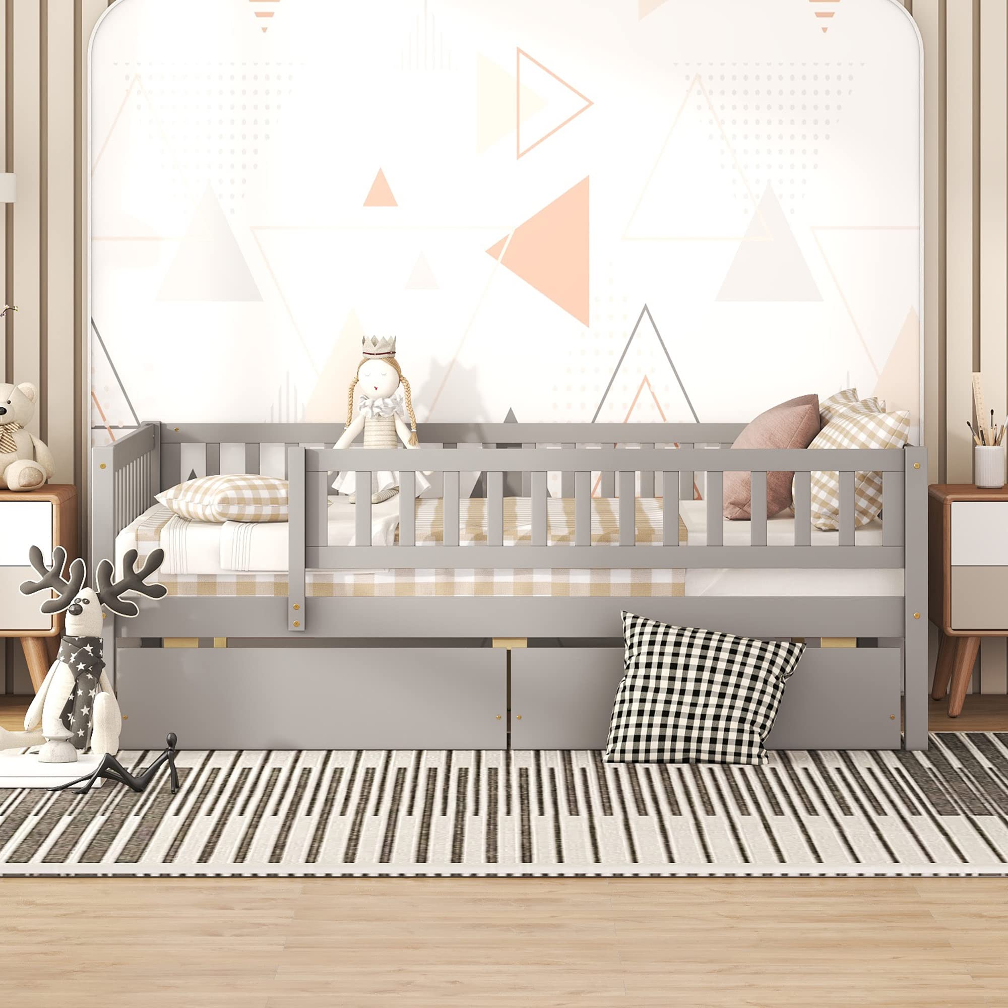 DEINPPA Full Size Wooden Bed Frame with Storage Drawers - Sturdy Slat Support for Kids, Children, Toddlers, Boys & Girls - Grey | Perfect for Small Bedrooms, Guest Rooms & Kids' Rooms