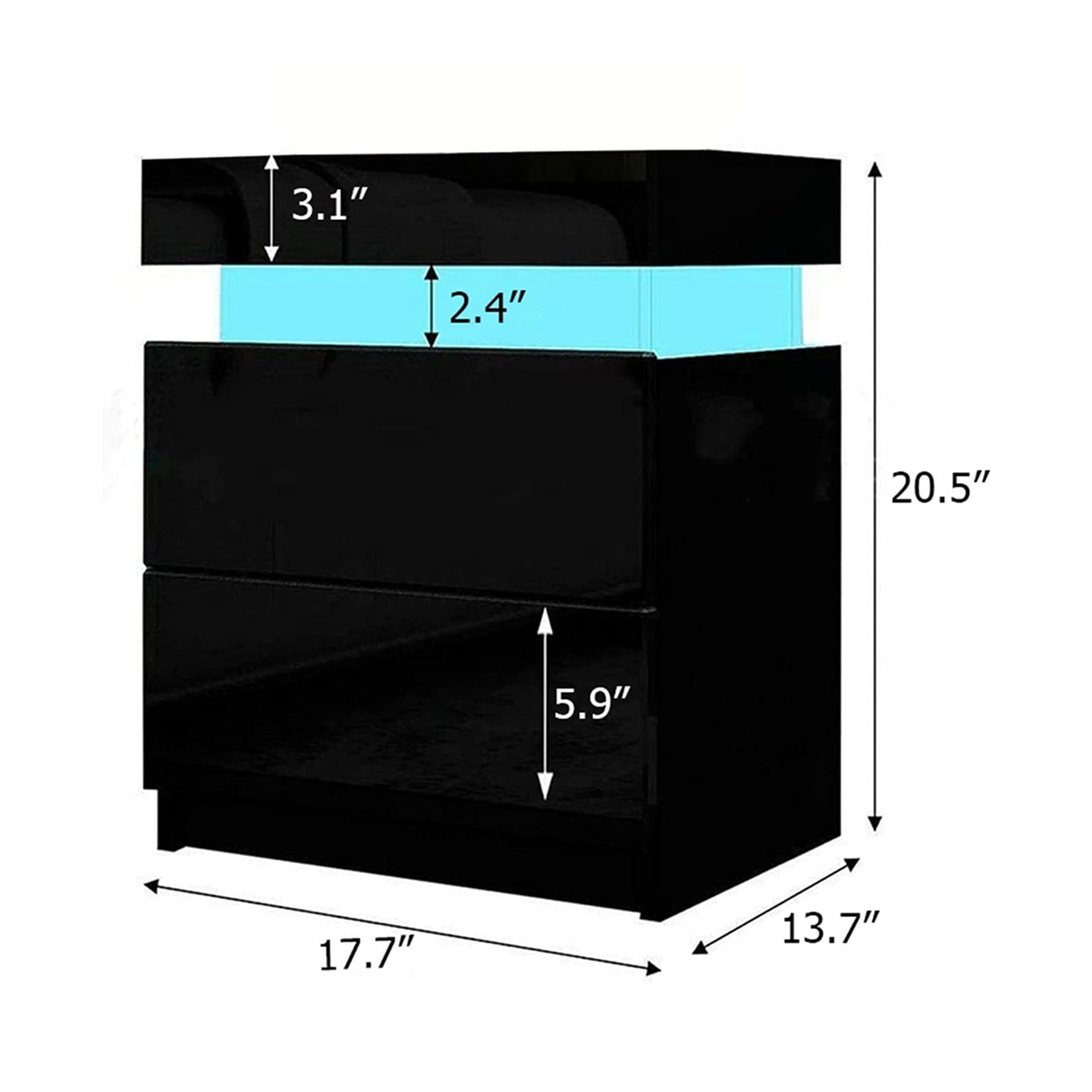 Modern High Gloss Nightstand with RGB LED Lights - 2 Drawer Bedside Cabinet, Contemporary Bedroom Furniture (Black/White) - Perfect for Small Spaces, Dorm Rooms & Apartment Bedrooms