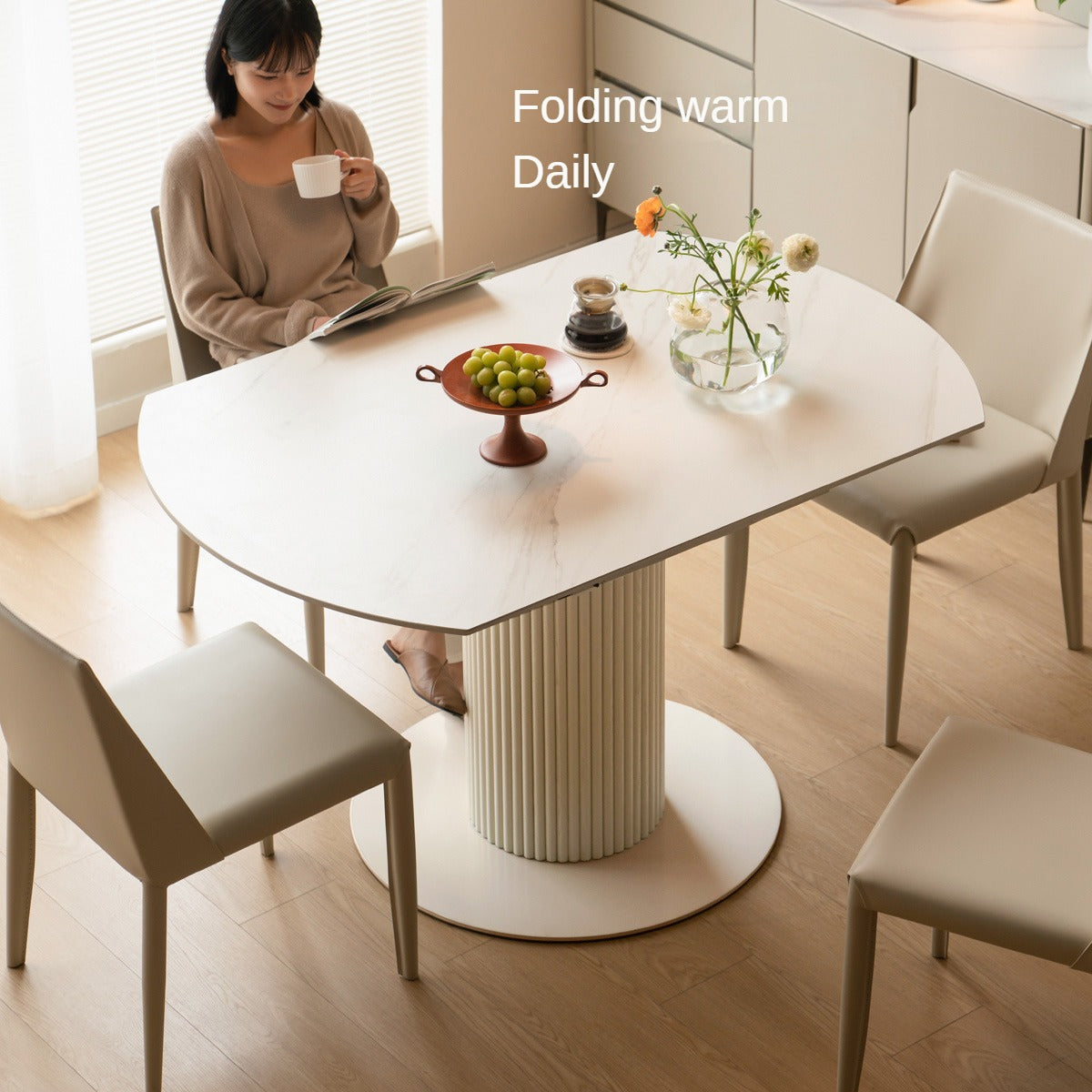 Solid Oak Wood Round Extendable Dining Table with Rock Plate Design - Cream Finish for Modern Dining Room & Kitchen Decor