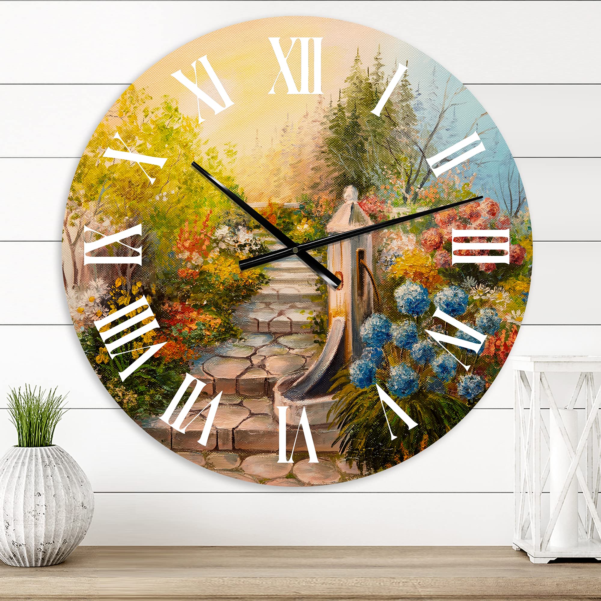 DesignQ Traditional Wall Clock 'Stone Stairs in The Blossoming Forest' - Large Landscape Nature Wall Clock for Home & Bedroom Decor - Perfect for Living Room, Office, and Indoor Spaces