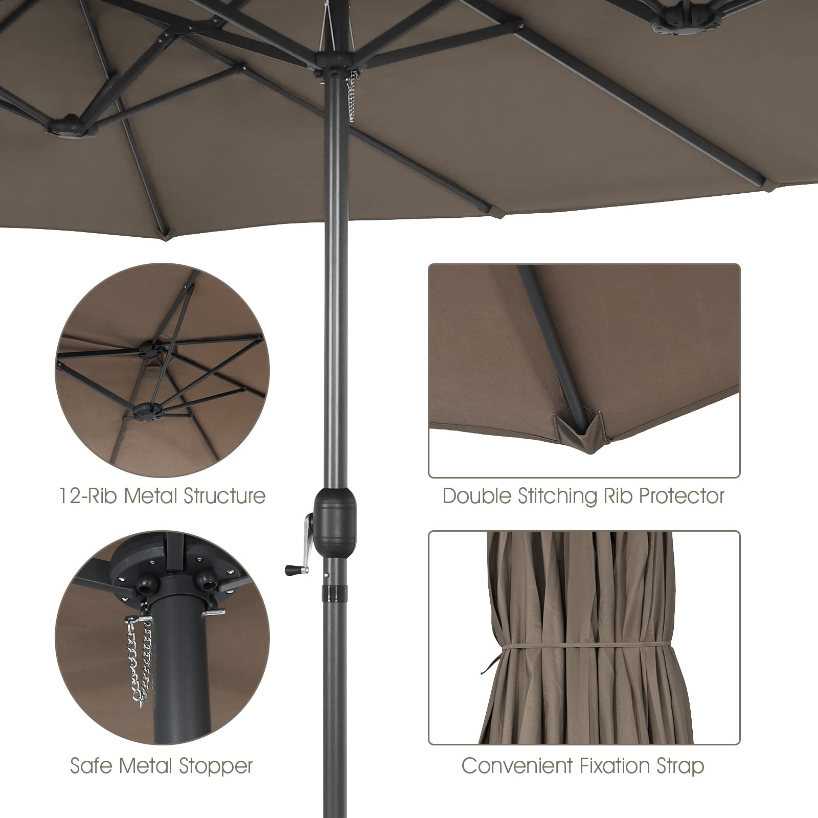 Tangkula 15Ft Double-Sided Patio Umbrella - Extra Large Outdoor Market Umbrella with Hand-Crank System & Air Vents, 12-Rib Sturdy Metal Frame for Poolside, Garden, Backyard, Beach, and Outdoor Dining (Brown) - Perfect for Shade in Hot Summer Days