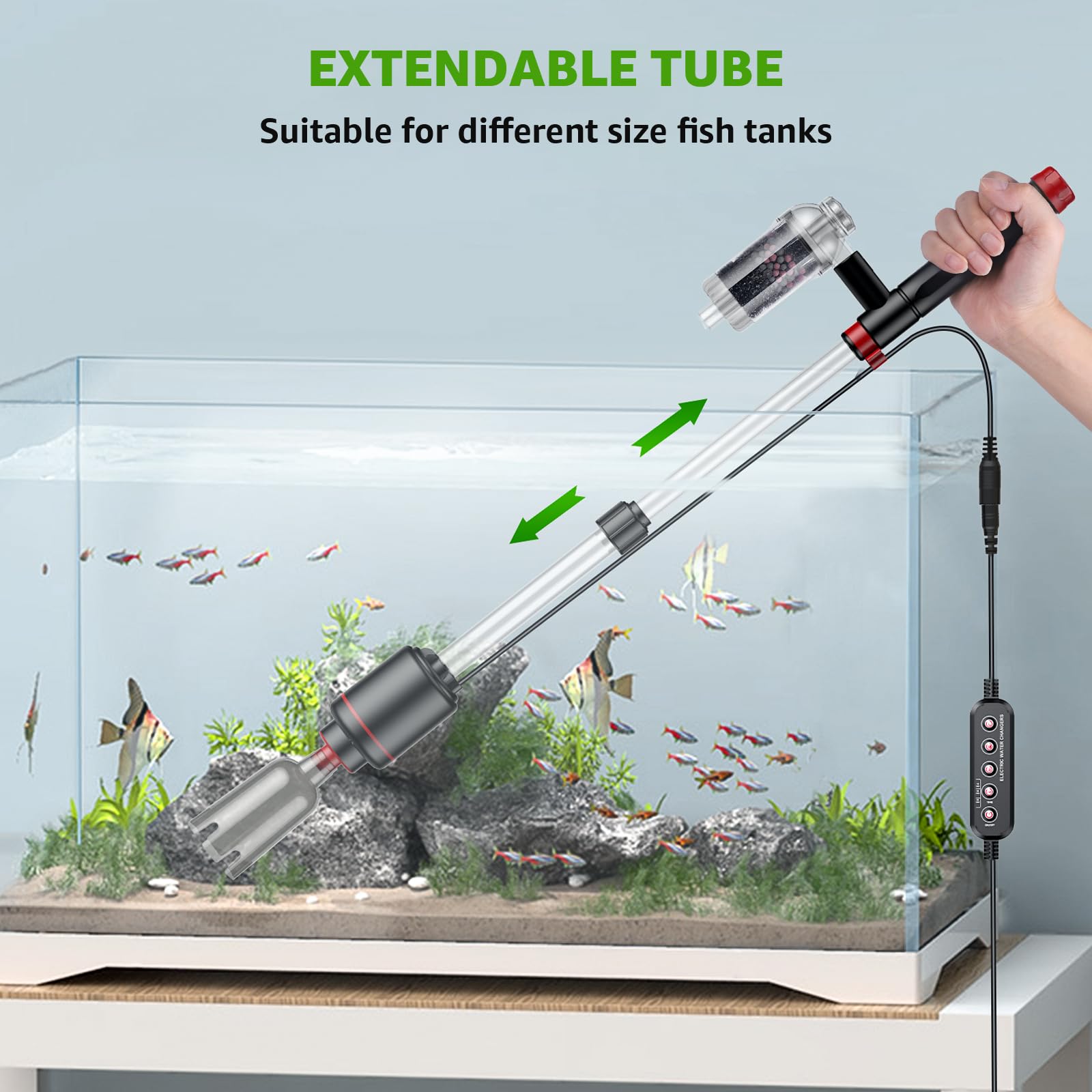 24W Electric Aquarium Gravel Cleaner - Powerful Vacuum with Strong Suction for Automatic Water Changes, Sand Washing & Algae Removal | Ideal for Fish Tank Maintenance, Water Circulation & Timed Cleaning in Home & Office Aquariums