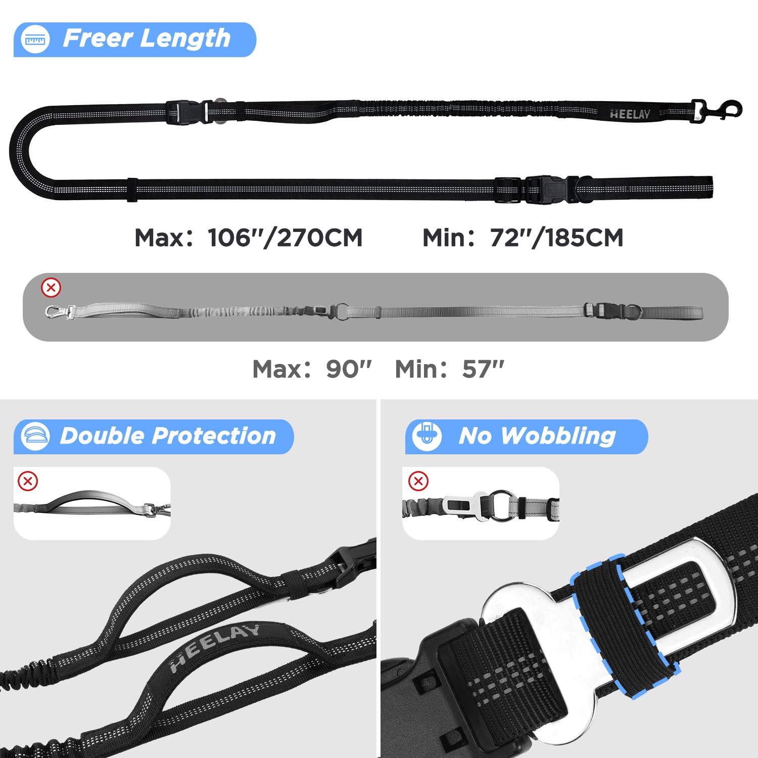 Hands Free Bungee Dog Leash with Dual Padded Handles & Reflective Threading - Adjustable Crossbody Leash for Medium to Large Dogs (30-90 lbs) - Perfect for Jogging, Running, Walking & Safe Car Travel with Seatbelt Attachment