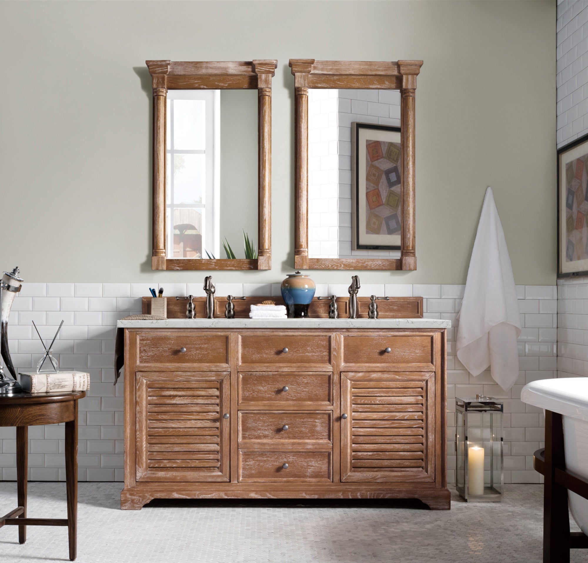 Savannah 60 Inch Double Vanity Cabinet in Driftwood Finish with 3CM Eternal Jasmine Pearl Quartz Countertop - Perfect for Bathroom Remodeling and Modern Home Decor