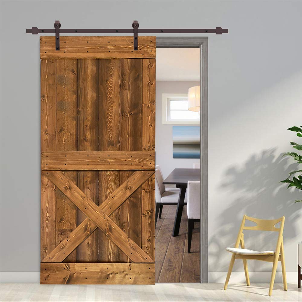 TMS Mini X Stained Solid Knotty Pine Wood Interior Sliding Barn Door with Hardware Kit (84