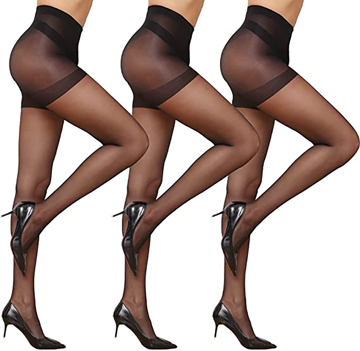 20D Sheer Control Top Pantyhose for Women - Reinforced Toes, Black Tights (3 Pairs) | Comfortable & Durable for Office, Party & Everyday Wear