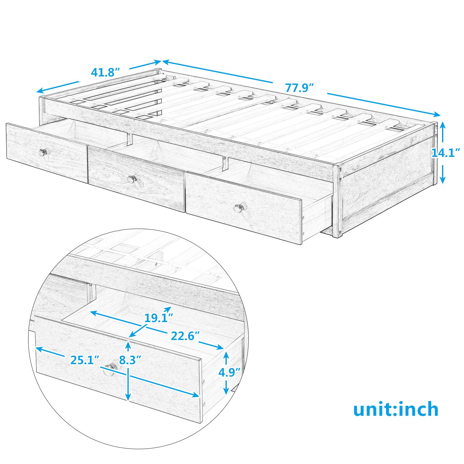 LZ LEISURE ZONE Twin Bed Frame with Storage Drawers - Solid Wood Platform Bed with Slat Support, Twin Size, Cherry Finish - Perfect for Small Bedrooms, Guest Rooms & Dormitories