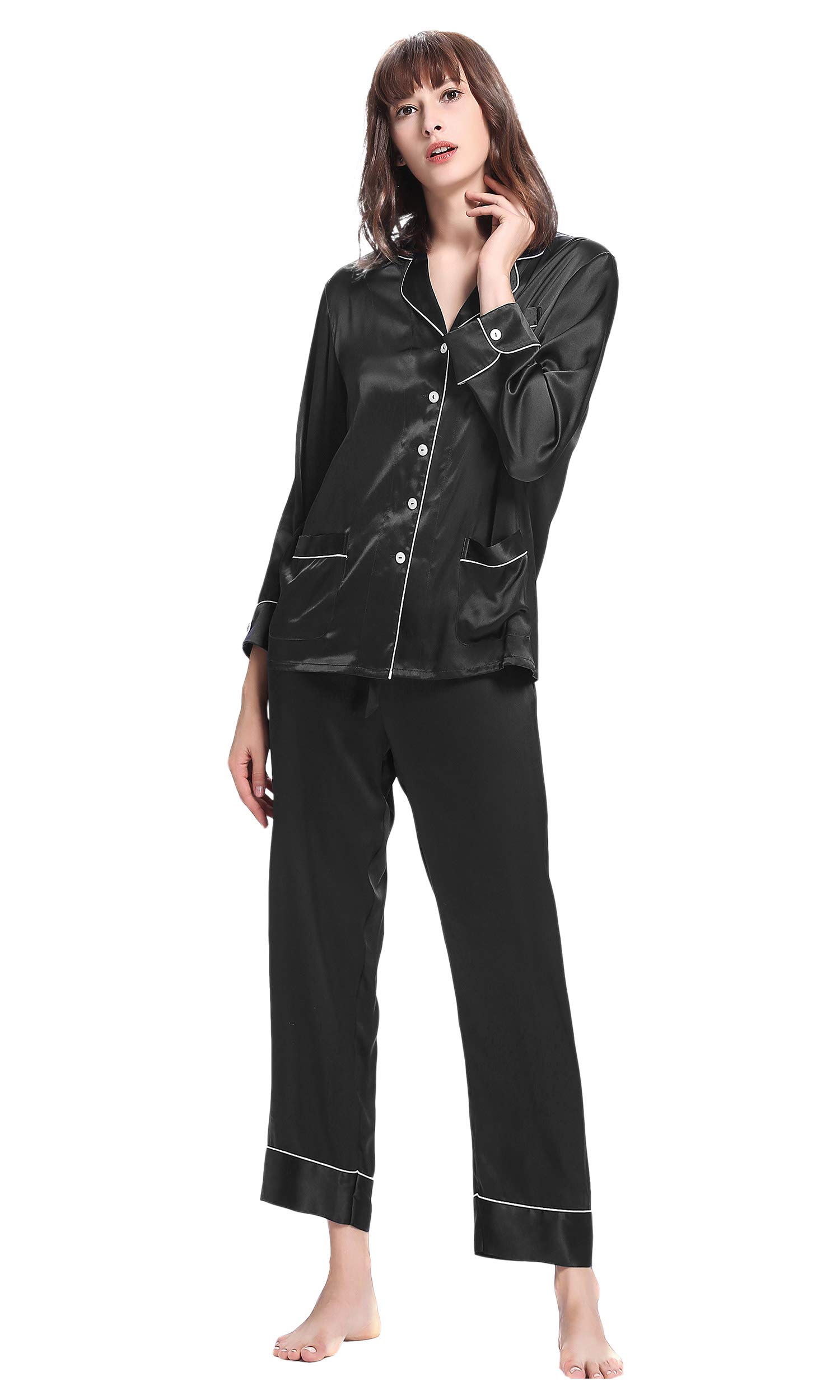 LilySilk Women's Long Silk Pajama Set - V-Neck Notched Collar with White Trim - Luxurious Sleepwear for Comfortable Nights & Relaxing Evenings at Home