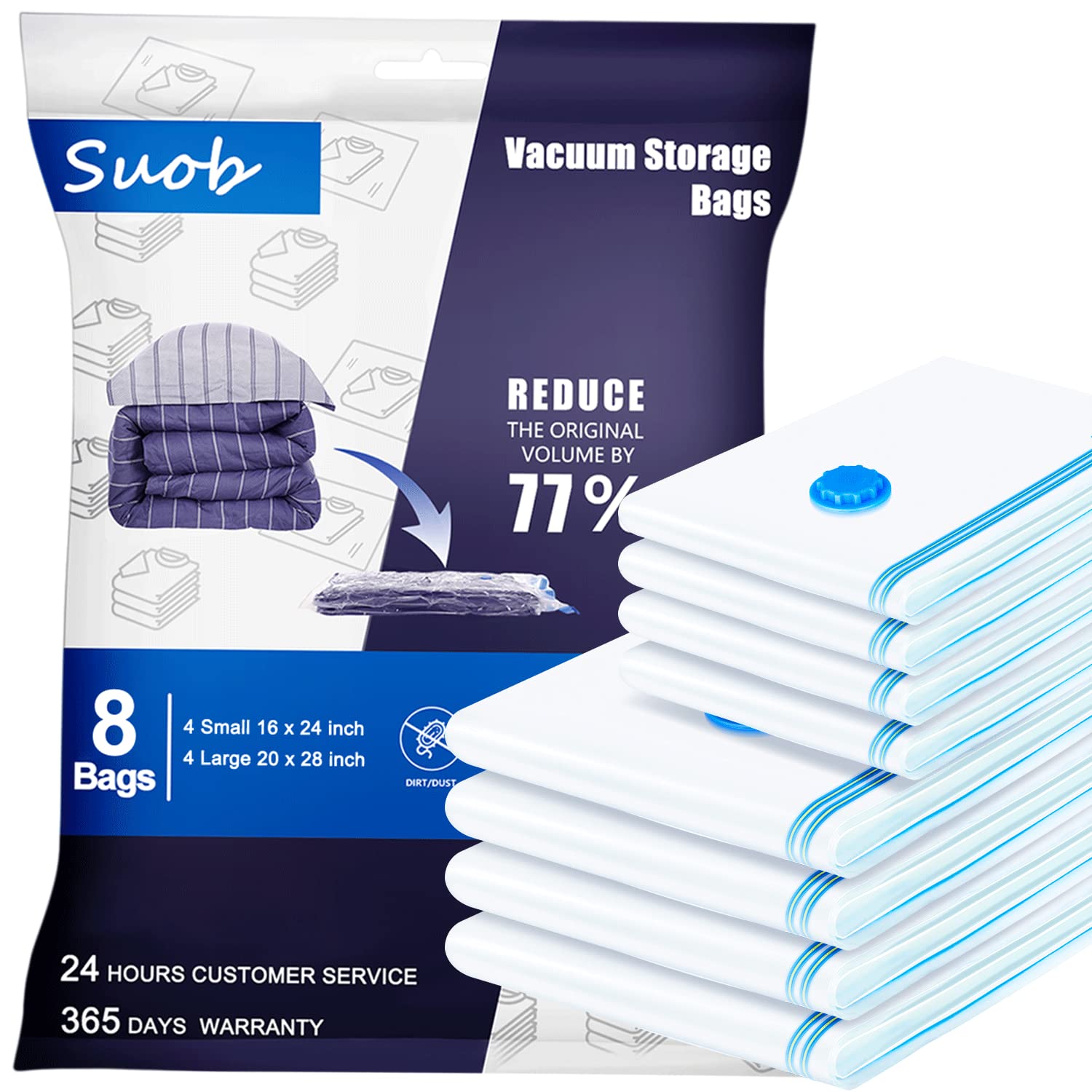 Suob Vacuum Storage Bags 8-Pack for Clothes & Blankets - Space Saving for Travel & Home