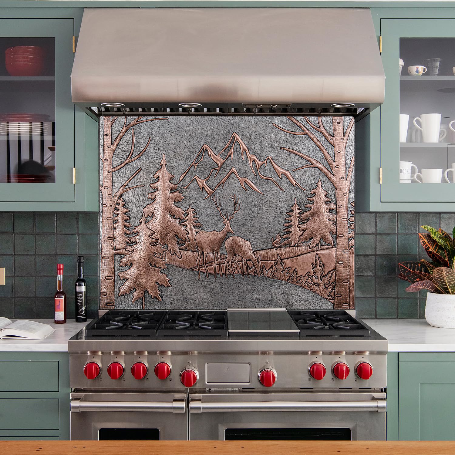 Handmade Custom Copper Kitchen Backsplash Panel - Pine Trees & Mountain Scenery with Deer Design - Indoor/Outdoor Wall Decor for Rustic Cabin, Farmhouse, or Modern Kitchen (Gray & Copper Finish)