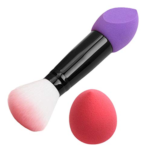 Baoblaze Dual-Ended Makeup Brush - Fluffy Powder Brush & Blending Sponge for Foundation, Blush, Highlighter - Soft Vegan Purple Brush Set (17x12.3x2.5cm) - Perfect for Travel & Professional Makeup Application