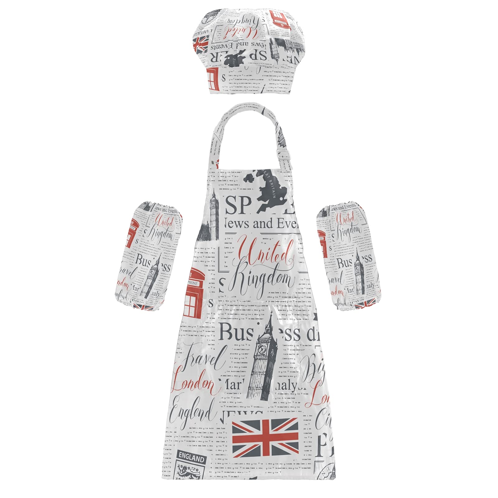 UK London Flag Kids Apron Chef Hat Set - Children's Kitchen Bib Apron for Boys & Girls - Cooking Wear Kit - Halloween Costume & Gift Idea for Little Chefs