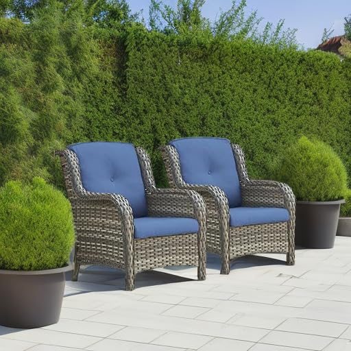 Outdoor Wicker Patio Chairs - Rattan Dining Chairs with High Back & Deep Seating for Porch, Garden & Poolside (Mixed Grey/Blue) | Perfect for Relaxing, Entertaining & Outdoor Dining