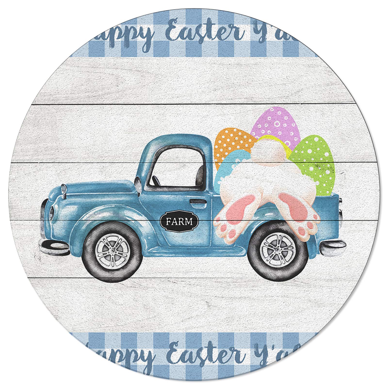 Large Round Non-Slip Area Rug - Blue Truck Oil Painting Design with Bunny Footprints, 4ft Washable Floor Mat for Bedroom, Living Room & Kids Room | Perfect for Easter Decor, Spring Home Decor & Indoor Safety