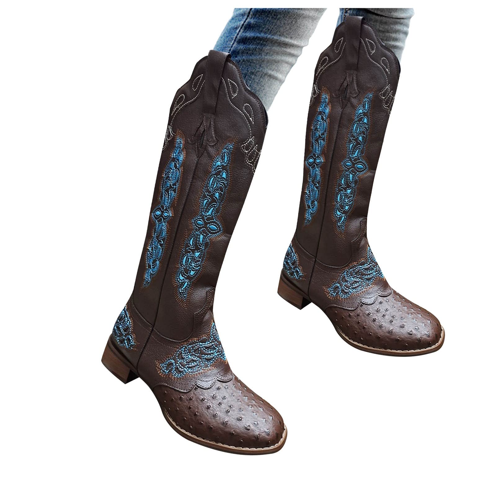 **Women's Western Cowboy Boots - Pull On Sunflower Embroidered Square Toe Mid Calf Boots with Heel for Wide Calf | Fashion Cowgirl Boots for Country Rodeo, Line Dancing & Casual Outfits**