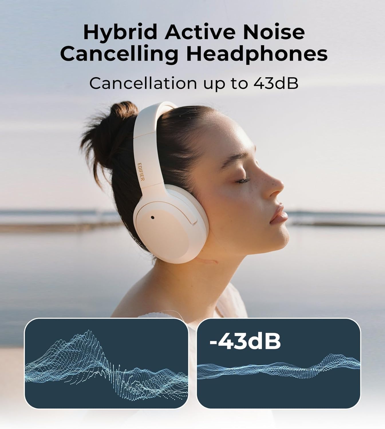 Edifier W820NB Plus Hybrid Active Noise Cancelling Headphones with LDAC Codec | Hi-Res Audio Wireless & Wired | 49H Playtime | Fast Charge | Bluetooth 5.2 Over-Ear Headphones in Ivory - Perfect for Travel, Work & Music Lovers