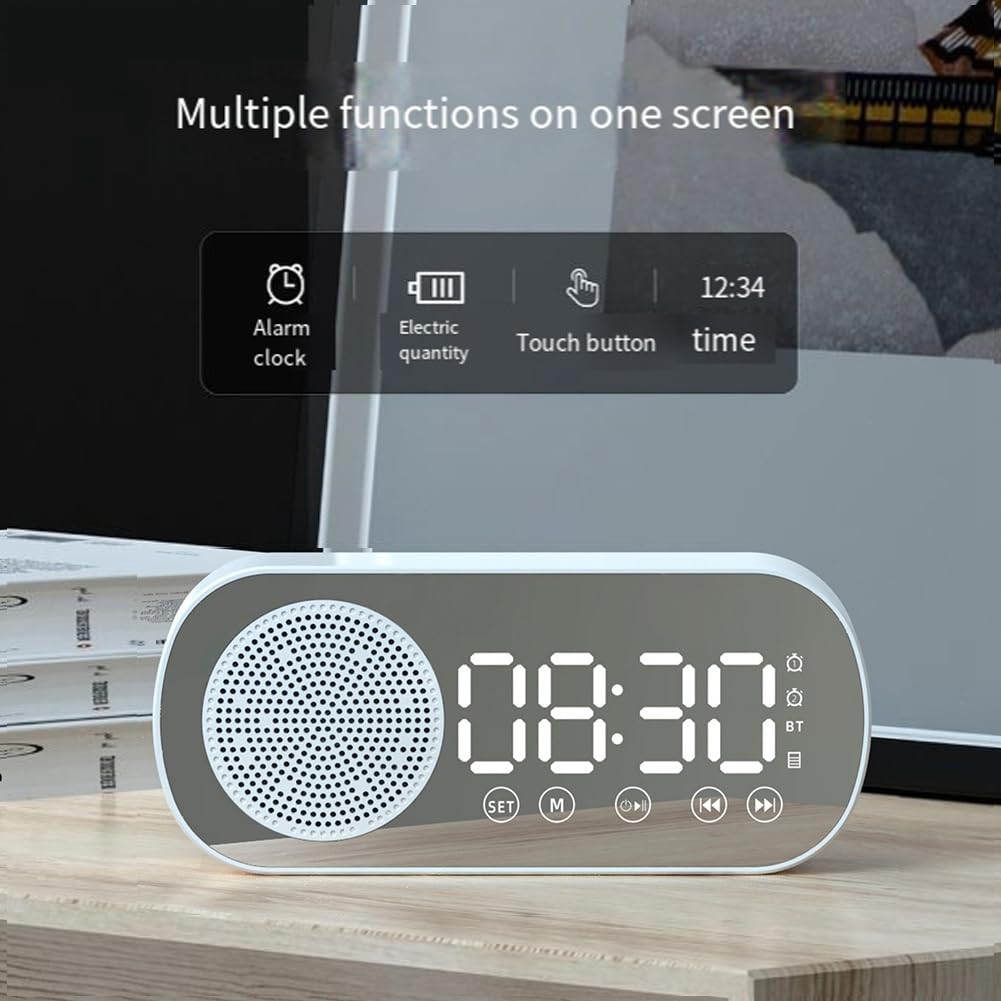 Wireless Bluetooth Speaker with Alarm Clock, FM Radio & TF Card Support - Portable Home & Office Speaker for Music, Podcasts & Wake-Up Calls - White