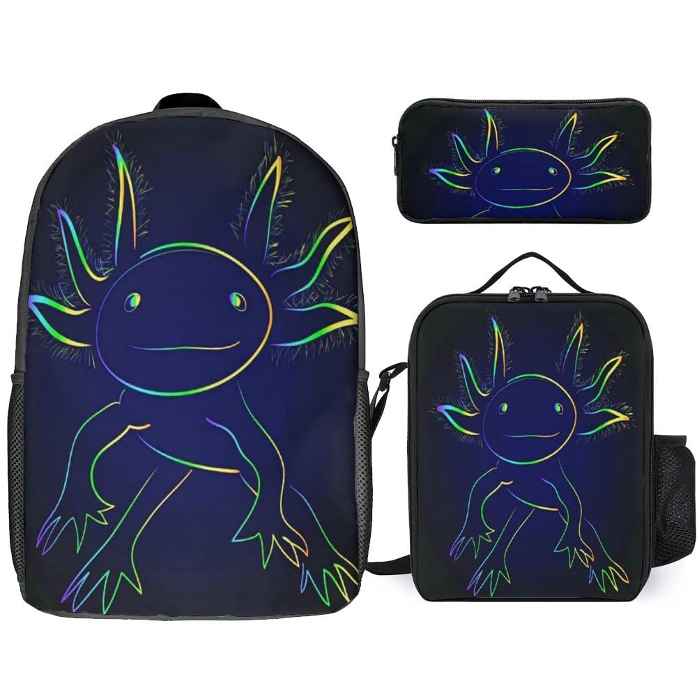 **Axolotl Backpack for Boys & Teens - 17 Inch School Bookbag with Lunch & Pen Bag Set - Durable Travel Backpack for Kids, College & Outdoor Adventures**