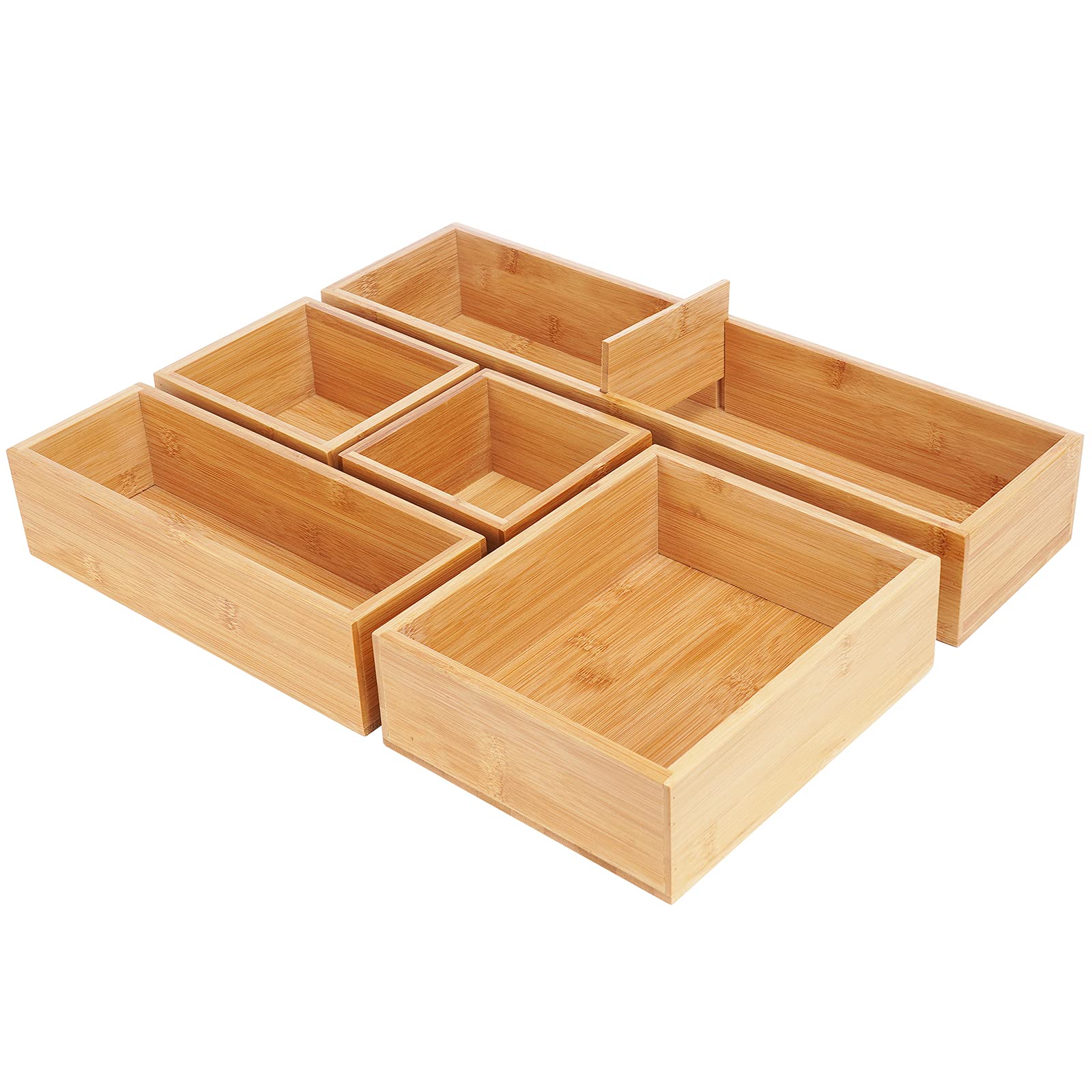 Fabsome 5-Piece Bamboo Drawer Organizer Set - Storage Containers for Makeup, Kitchen Utensils & Office Supplies | Perfect for Vanity, Dresser, Pantry & Garage Organization