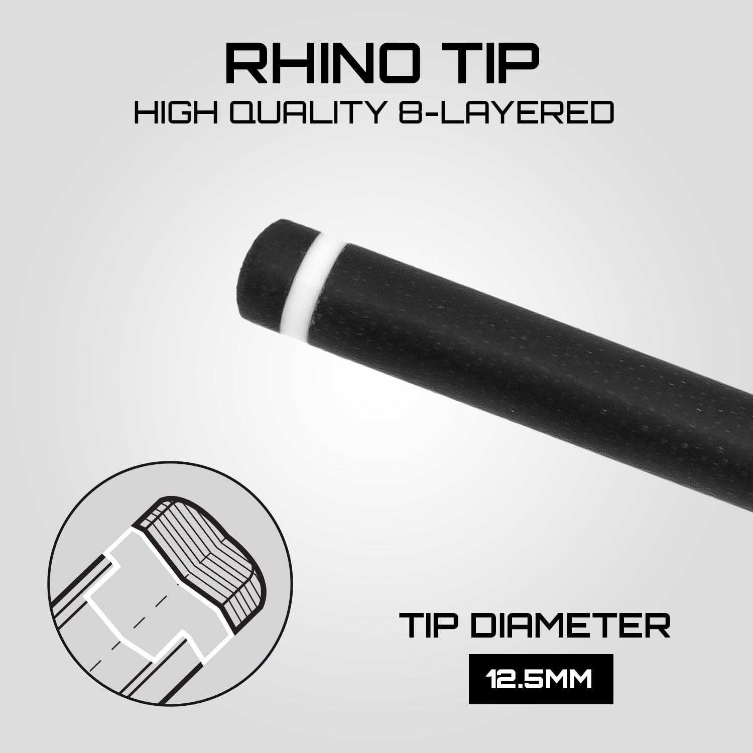 RHINO G-L Pool Cue - Professional Billiard Stick with Glass Fiber Shaft (12.5mm Tip, Thin Conical Taper) - Wrapless Design, 3/8-8 Joint - Available in Black, Blue, Gray, Orange, Mint, Silver, White - Perfect for Competitive Play & Home Pool Tables