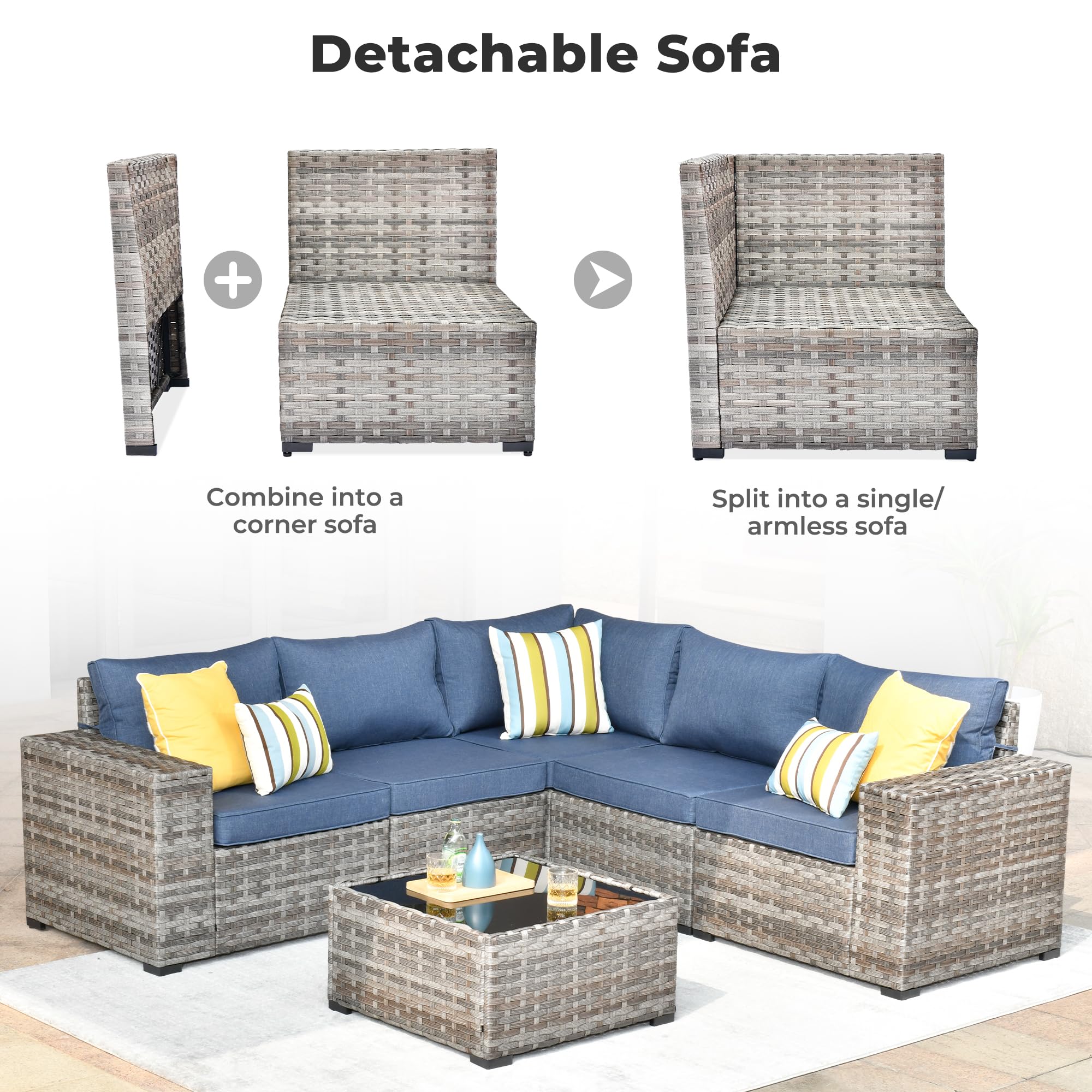6-Piece Outdoor Patio Furniture Set - Modern Modular Wicker Rattan Sectional Sofa with Deep Seats & Comfy Cushions in Denim Blue - Perfect for Backyard, Garden, Poolside & Deck Relaxation