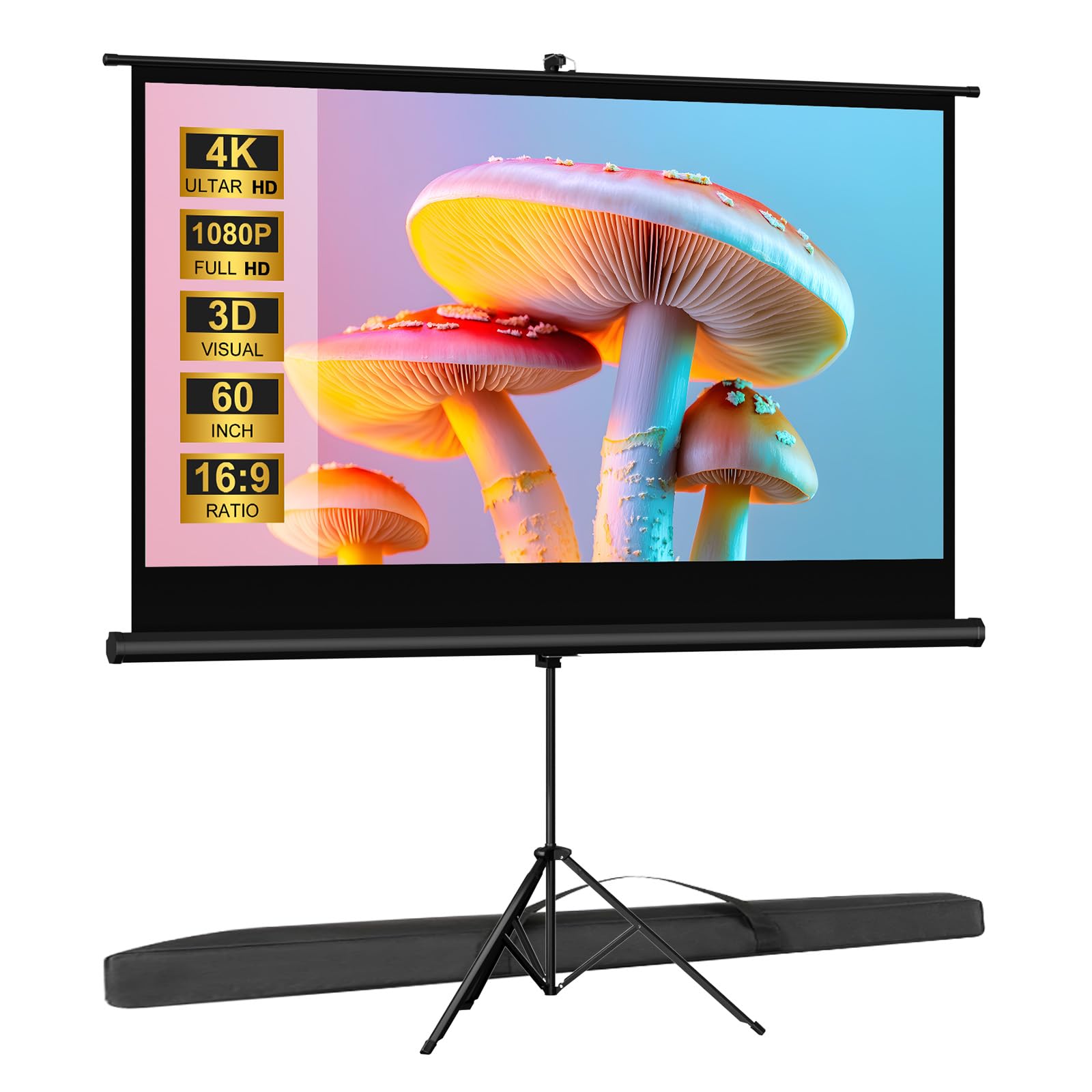 60 Inch Portable Outdoor Projector Screen with Stand Tripod - Indoor/Outdoor Pull Up Projection Screen 16:9 Adjustable for Home Theater, Backyard Movie Nights, Camping & Parties - Includes Carry Bag