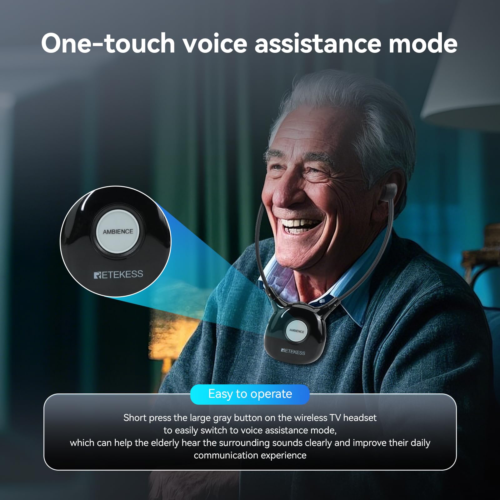 Retekess TA008 Wireless TV Headphones for Seniors & Hearing Impaired - Dual Battery Combo, Independent Left/Right Ear Volume Control - Perfect for Late-Night TV Watching, Nursing Homes & Private Viewing