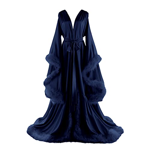 Elegant Women's Feather Bridal Robe - Silk Long Lingerie Nightgown for Maternity Photoshoot & Old Hollywood Style | Perfect for Bridal Showers, Honeymoon & Luxury Homewear