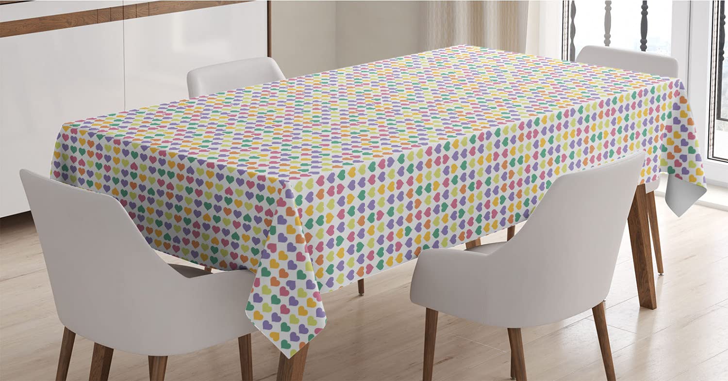 Ambesonne Valentine's Day Tablecloth - Funky Heart Shapes Teenage Style Table Cover for Dining Room & Kitchen, 60x90 Inch Multicolor Satin Fabric - Perfect for Valentine's Dinner, Romantic Date Nights & Holiday Decorations