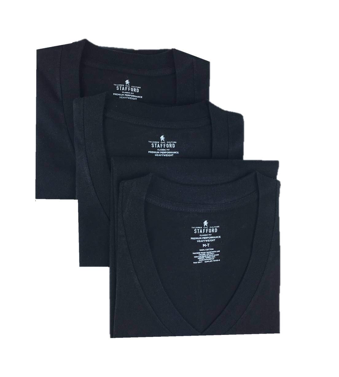 Stafford Men's Tall & Extra Tall 100% Cotton V-Neck Undershirts 3-Pack - Heavyweight Breathable Short Sleeve T-Shirts for Work & Casual Wear - Black (LXT Large Extra Tall)