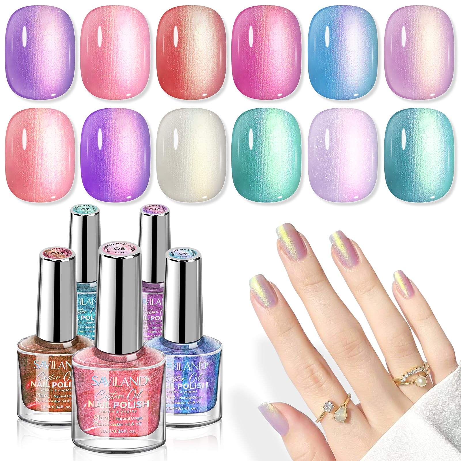 SAVILAND Aurora Nail Polish Set - 12 Colors Shimmer & Holographic Nail Polish (Glossy, Pearl, Duochrome), Quick-Dry Non-Gel Polish with Base & Top Coat, Salon & DIY Manicure Kit for Nail Art, Pedicures, Home & Professional Use