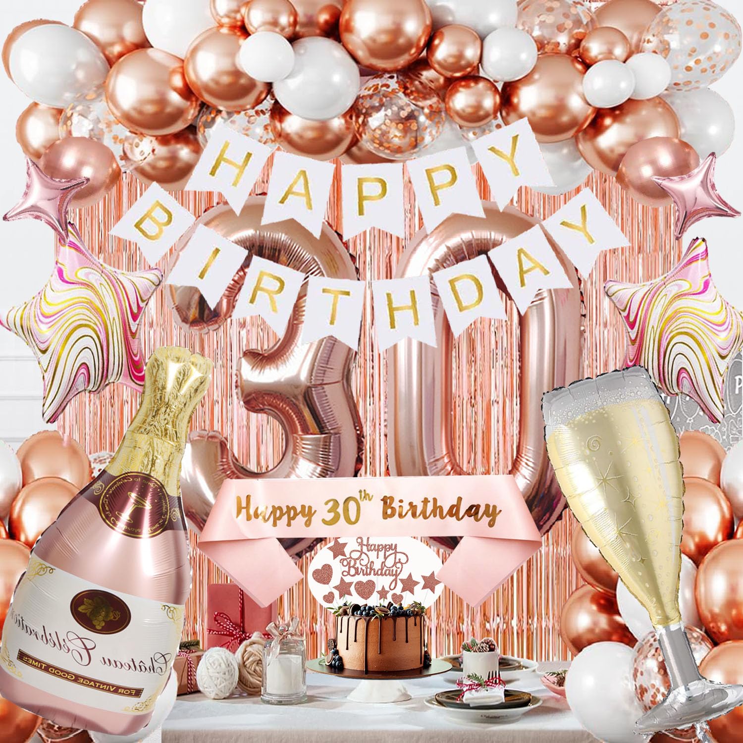 Rose Gold 30th Birthday Party Decorations for Women - Happy Birthday Banner, Cake Topper, Foil Balloons & Sash - 30 Birthday Party Supplies for Her - Perfect for Milestone Celebrations, Girls' Thirty Birthday Parties & Special Occasions