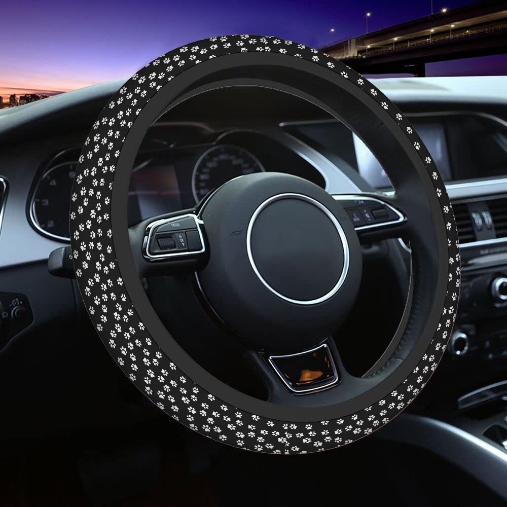 Swono 15 Inch Dog Paw Print Steering Wheel Cover - Cute Dark Dog Footprint Design for Women & Girls, Universal Fit for Cars, SUVs, Sedans | Perfect for Pet Lovers & Safe Driving