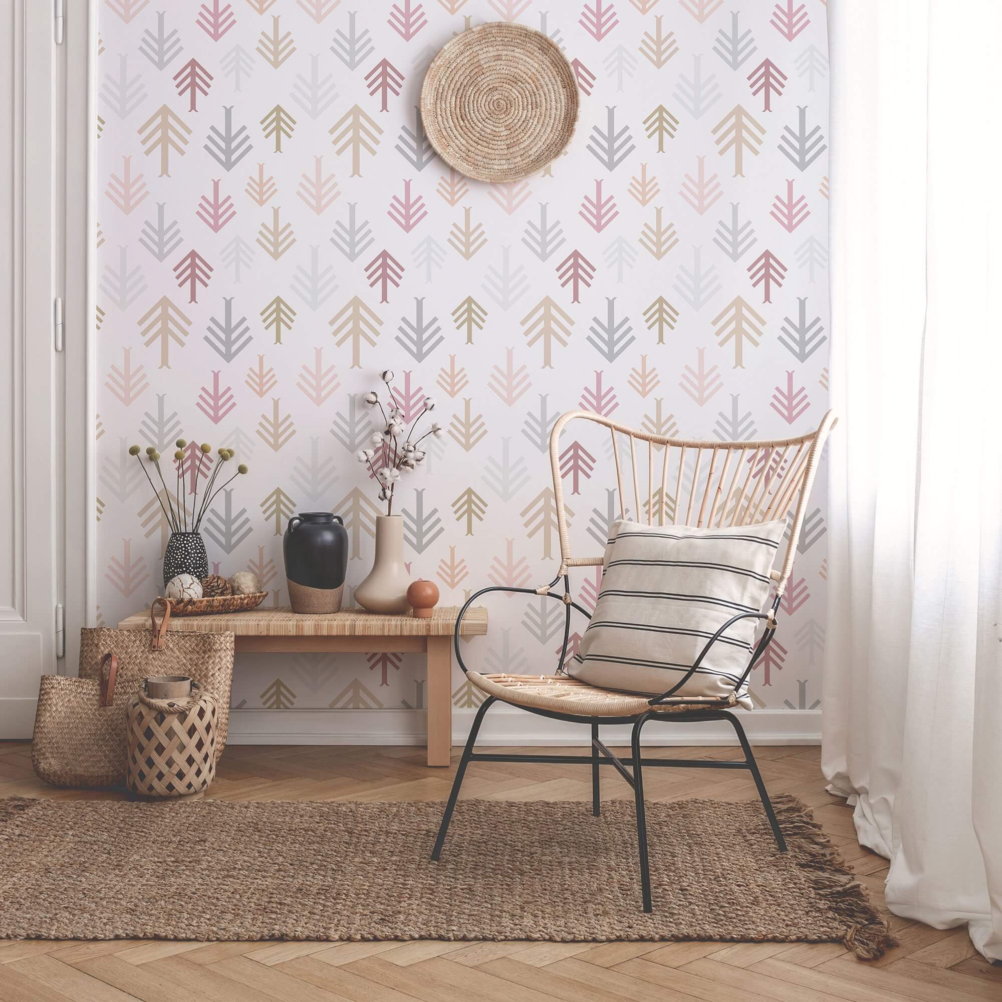 Boho Style Pink and Grey Peel and Stick Removable Wallpaper - Self-Adhesive Decorative Wall Covering for Bedroom, Living Room, Nursery, and Office Decor