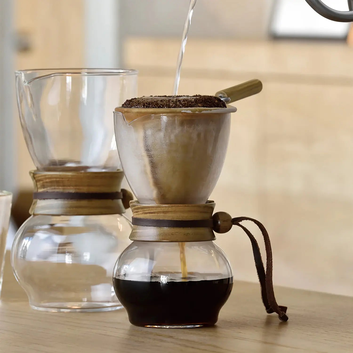 Hario V60 Heat Resistant Glass Coffee Dripper with Natural Wood Stand - Perfect for Pour Over Brewing at Home, Office or Camping