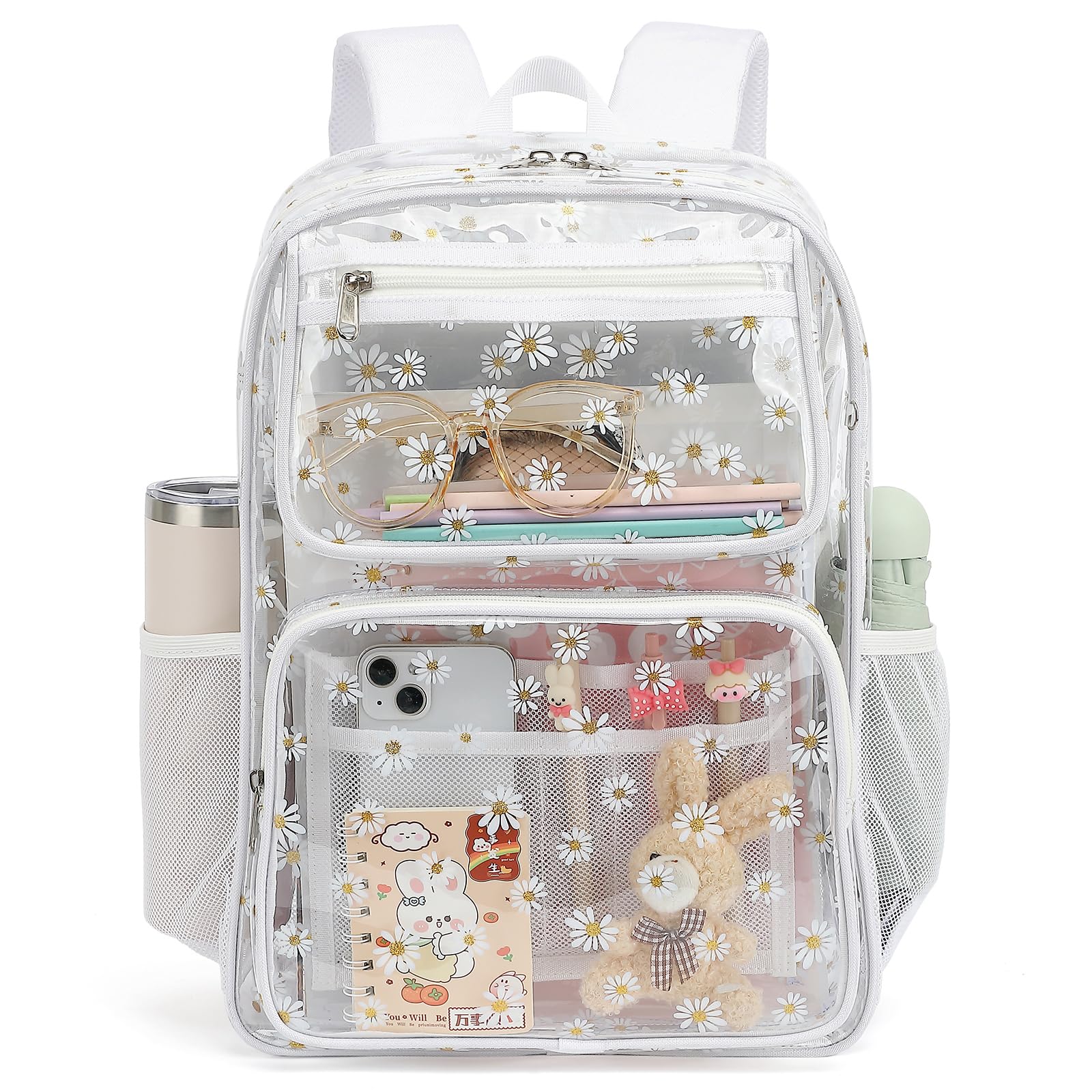 **Durable Clear Backpack for Women & Girls - Heavy Duty Transparent School Backpack, See-Through Bookbag (White) - Perfect for School, Travel & Stadium Events**